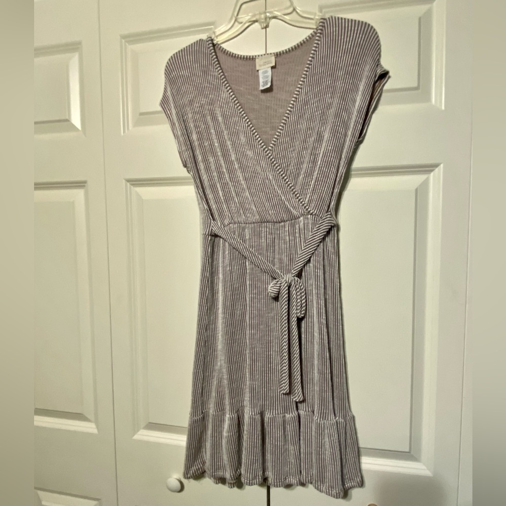 Mauve and white seersucker wrap dress.